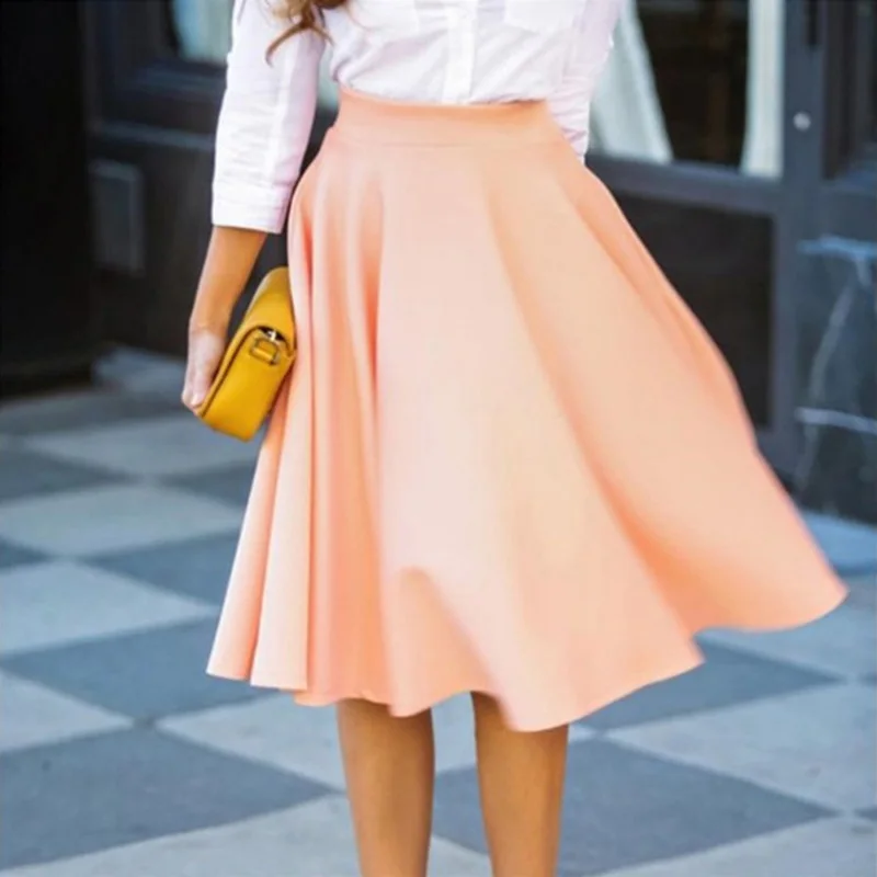 

Summer Women Midi Solid Skirts Causal Vintage High Waist Pleated Solid Skirt Knee Length A Line Umbrella Big Swing Skirts Saia