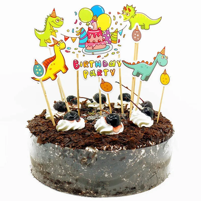 

11pcs/set Happy Birthday Popular DIY Cake Flag Cartoon Dinosaur Cake Wrapper Birthday Party Decoration For Kids And Gift