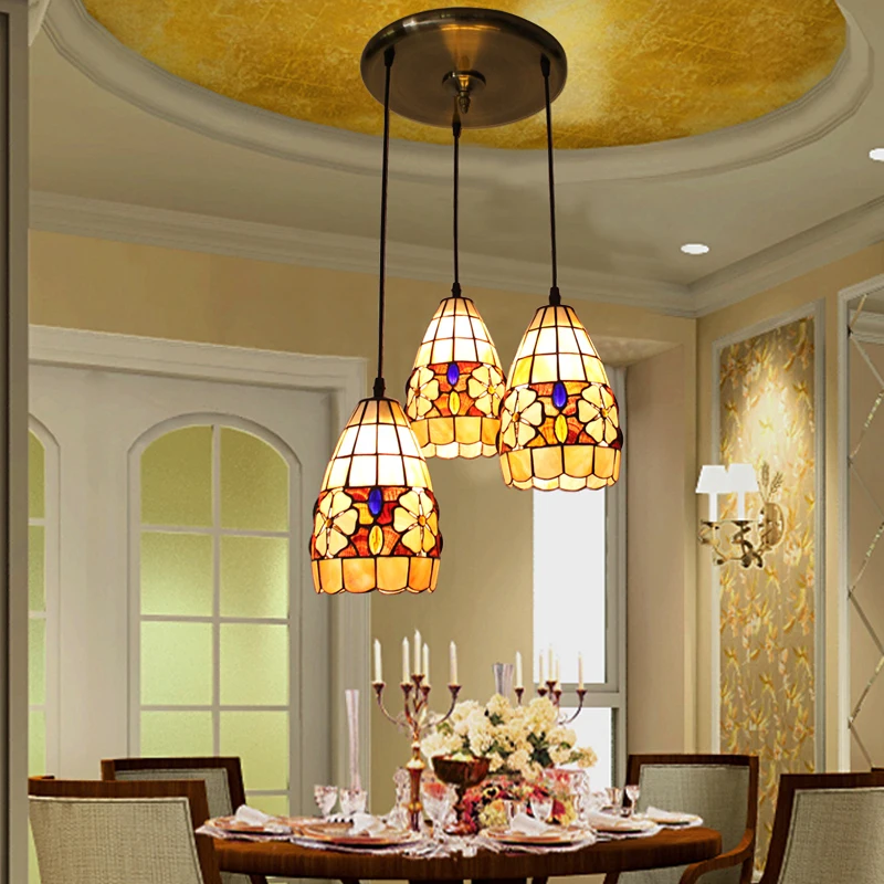 

Mediterranean Style Natural Shell Shade LED pendant light Dining Room 3 Head