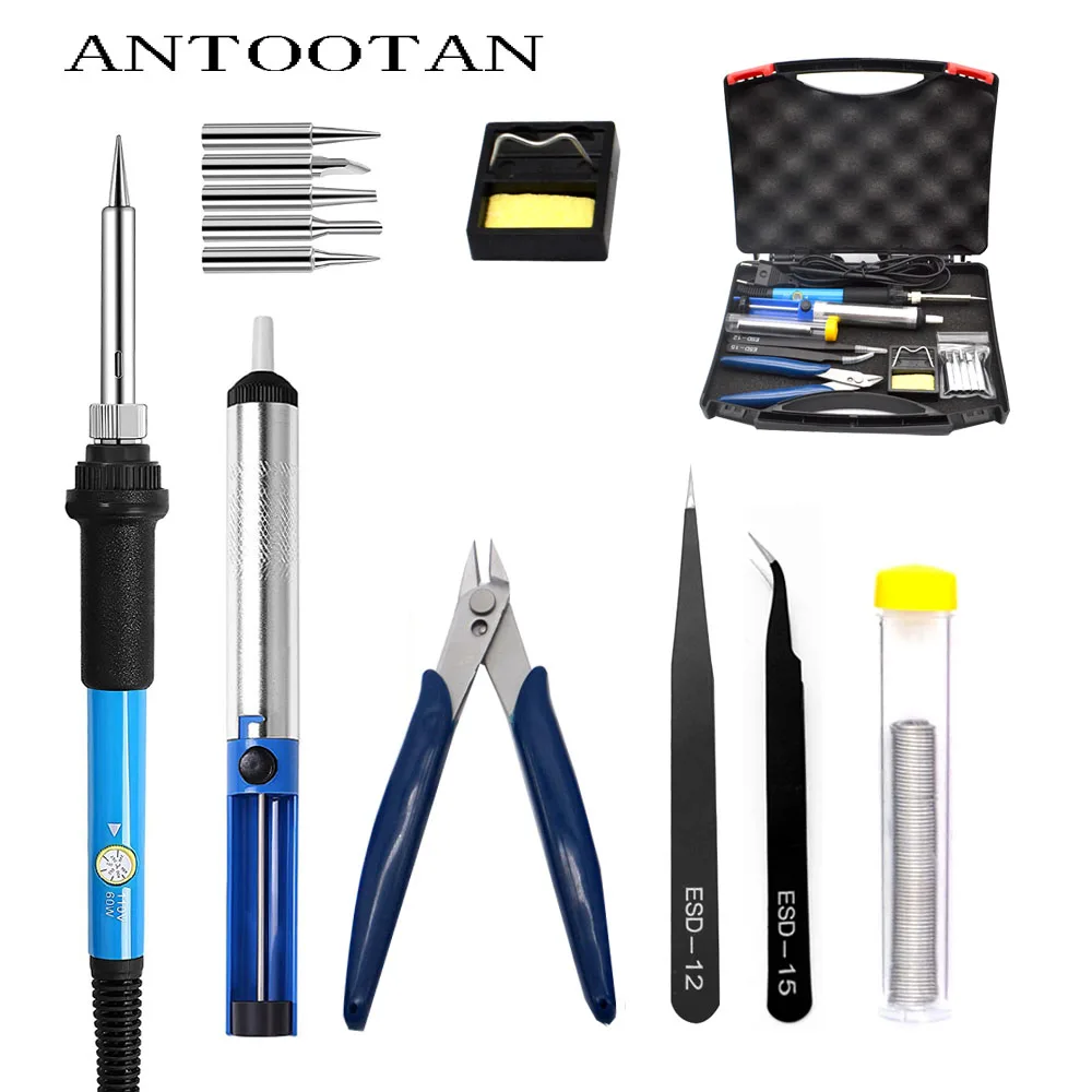 

60W- 220V EU Rework Station Welding Temperature Regulator Iron Kit , Soldering Desoldering Pump Iron Tip Iron Soldering Tool box