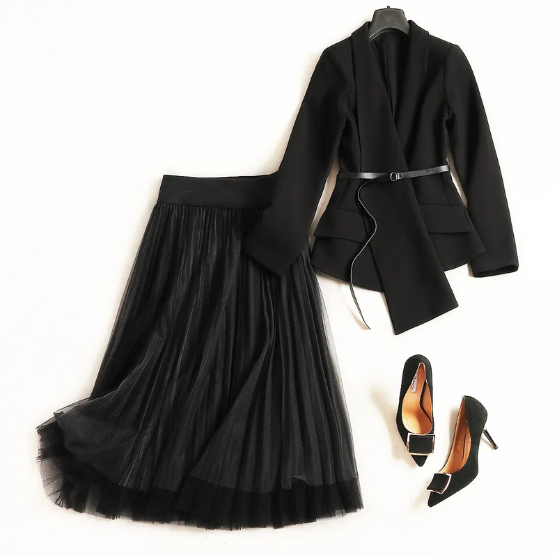 

Women fashion black irregular asymmetric belt blazer + long pleated mesh TUTU skirt suit 2 piece set new 2018 autumn