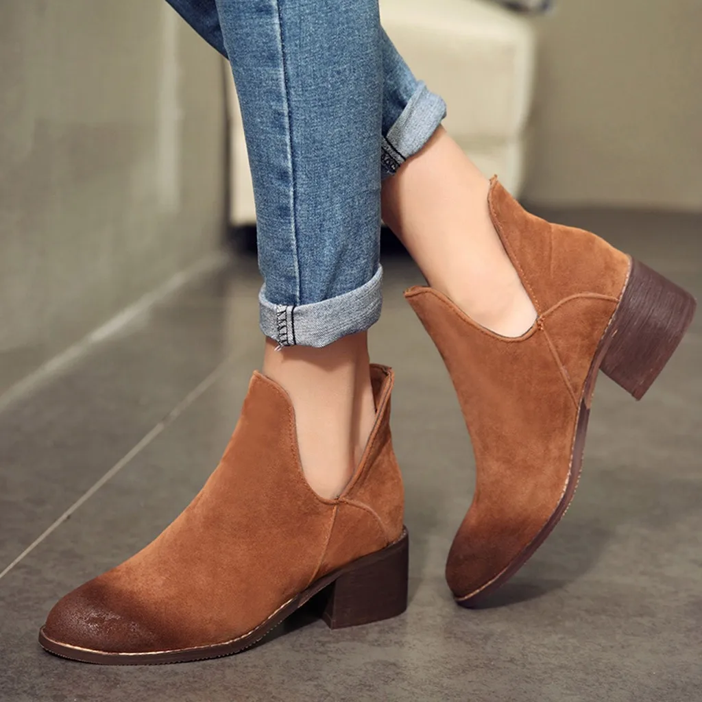 

Women Retro Chunky Heel Slip On Single Boot Student Scrub Large Size Ankle Boots botas mujer invierno 2019#A3
