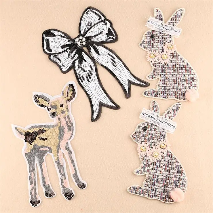 

New arrival 5 pcs big size Bowknot Deer Animal sequins embroidered Sew On Patches garment bag decor Appliques free shipping