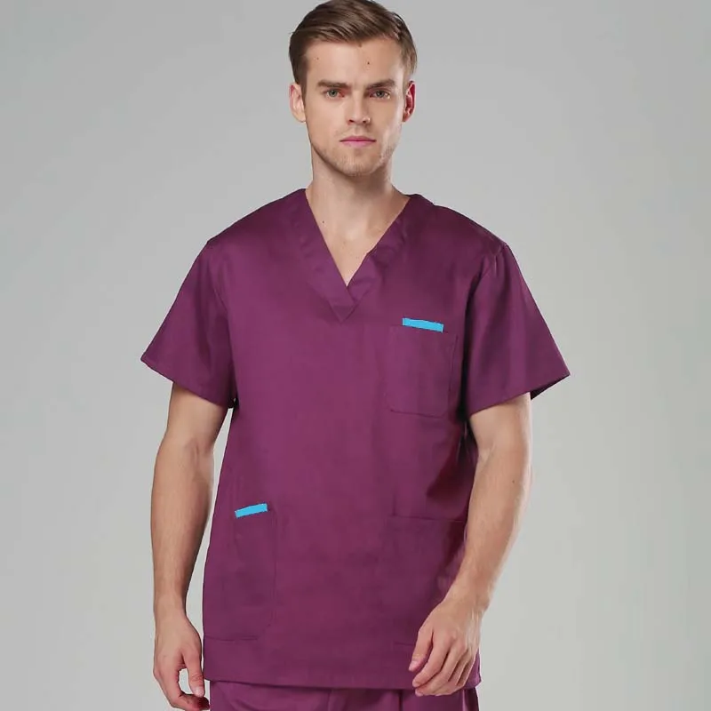 Men's Fashion Medical Clothing Pure Cotton V-neck Top with 5 Pockets + Elastic Waist and Drawstring Pants