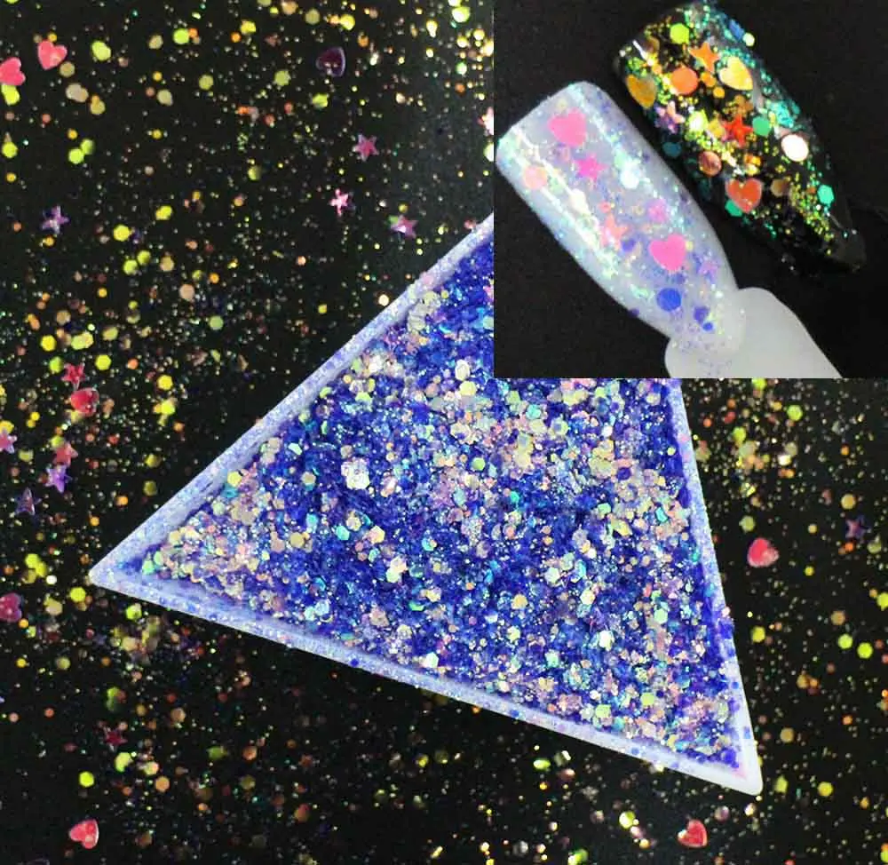 

50g/pack, 12 Colors! Mix Stars/Hearts/Rounds/Hexagons Sequins, Iridescent Rainbow Shining Slices 3D nail art glitters paillettes