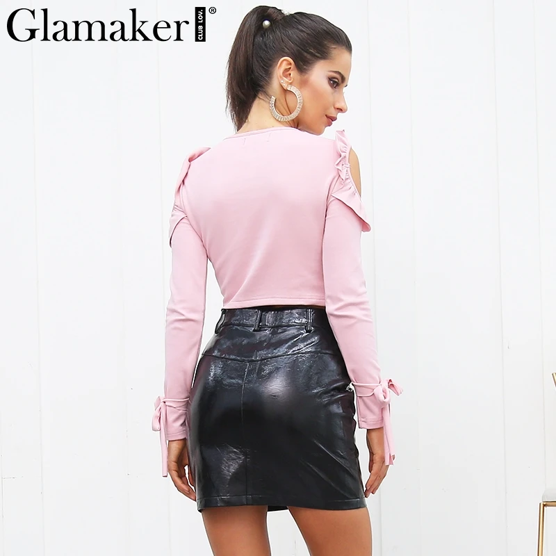 Женский короткий топ Glamaker розовая блузка с рюшами на плечах и бантом весну 2019|pink