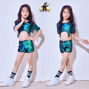 

Hip Hop Dance Costume Girls Sequin Top Shorts Jazz Costumes Kids Street Dance Clothing Children Performance Wear DQI342