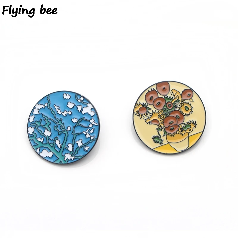 Flyingbee подсолнухи ван гога эмали штырь мультфильм шпильки для брошей Значки для джинсовая Блуза со шнуровкой Заколки ювелирные аксессуары X0140