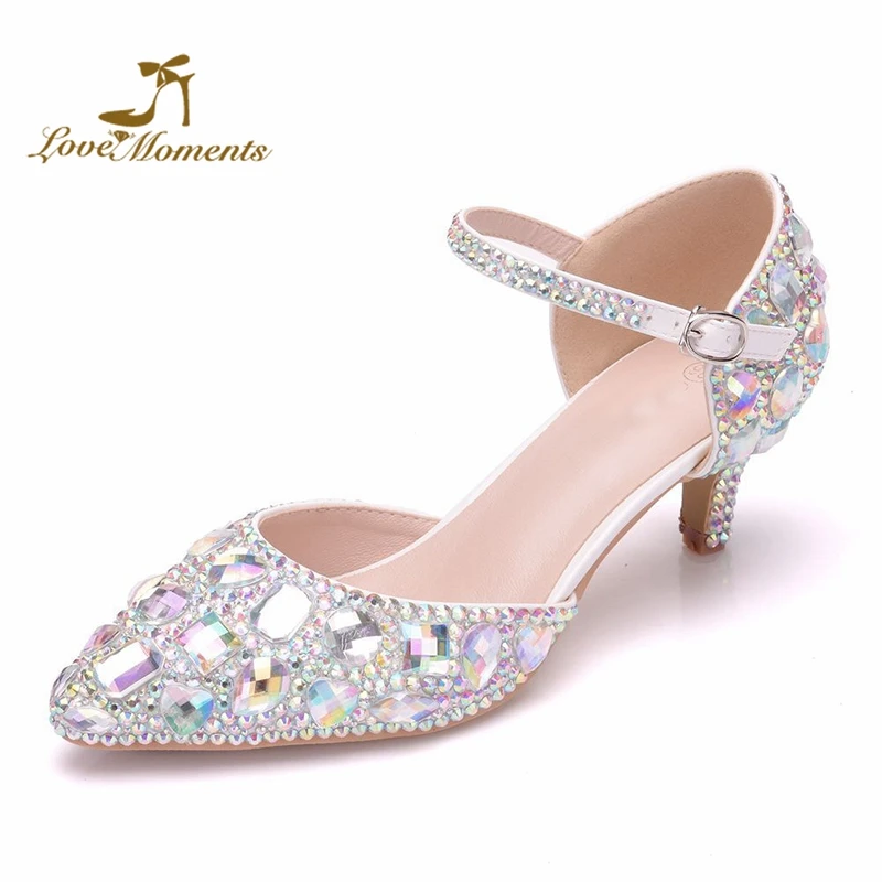 

5cm Comfortable Middle Heel Pointed Toe Crystal Party dress shoes Silver Wedding shoes Graduation Party Dancing Shoes Crystal AB