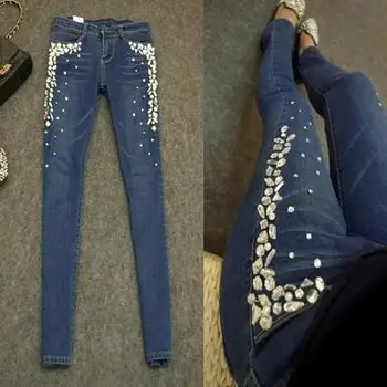

New women skinny jeans denim pants diamonds rhinestones jeans stretch long jeans