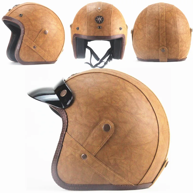 Шлемов из искусственной кожи 3/4 мотоциклетный шлем с открытым лицом винтажный мотоциклетный шлем - Цвет: Brown Leather