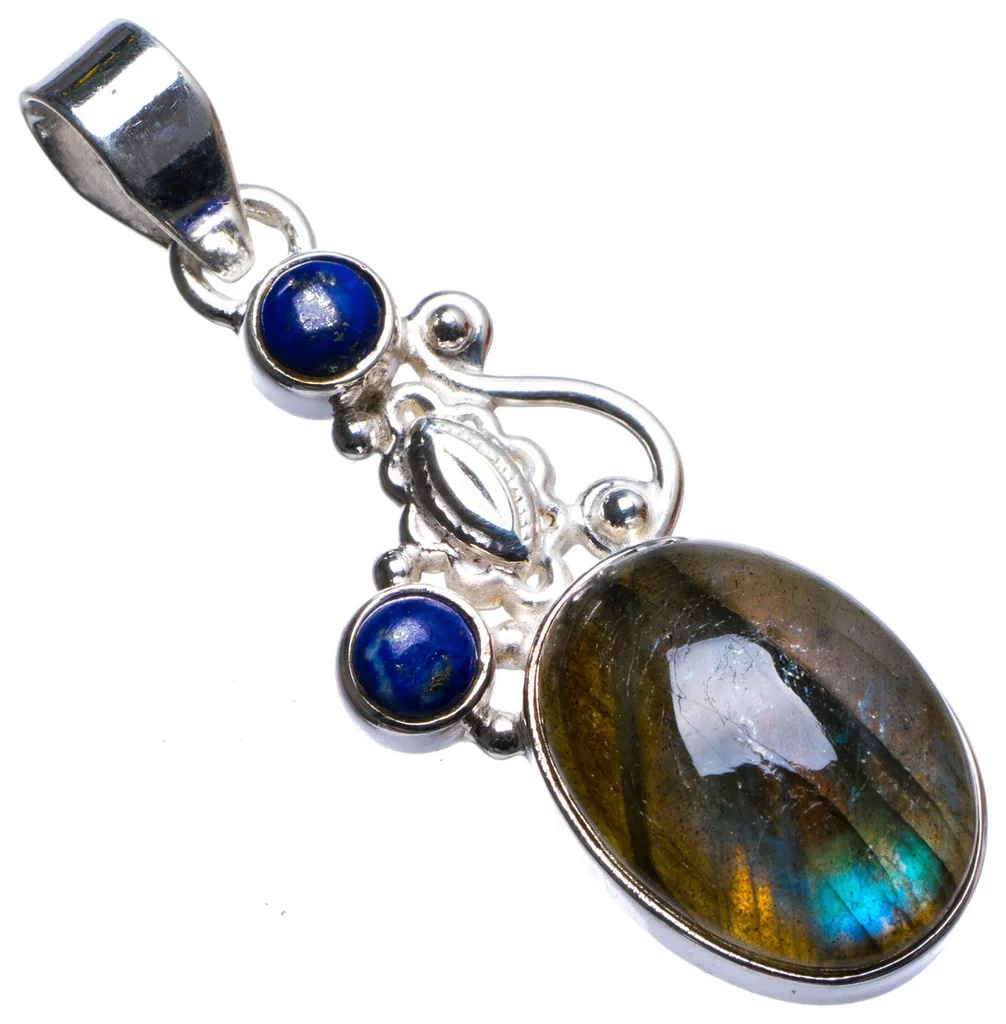 

Natural Blue Fire Labradorite and Lapis Lazuli Handmade Unique 925 Sterling Silver Pendant 2" X1306