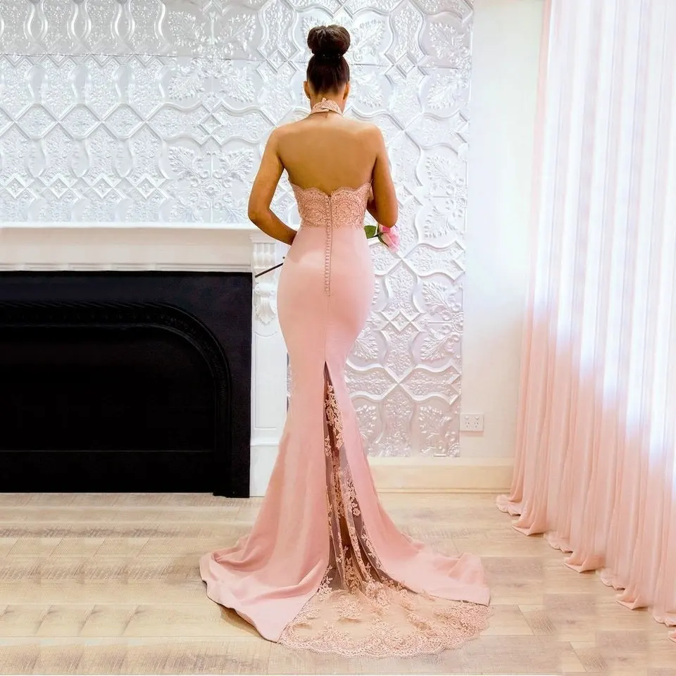 Pink Fish Tail Halter-Neck Satin Gown