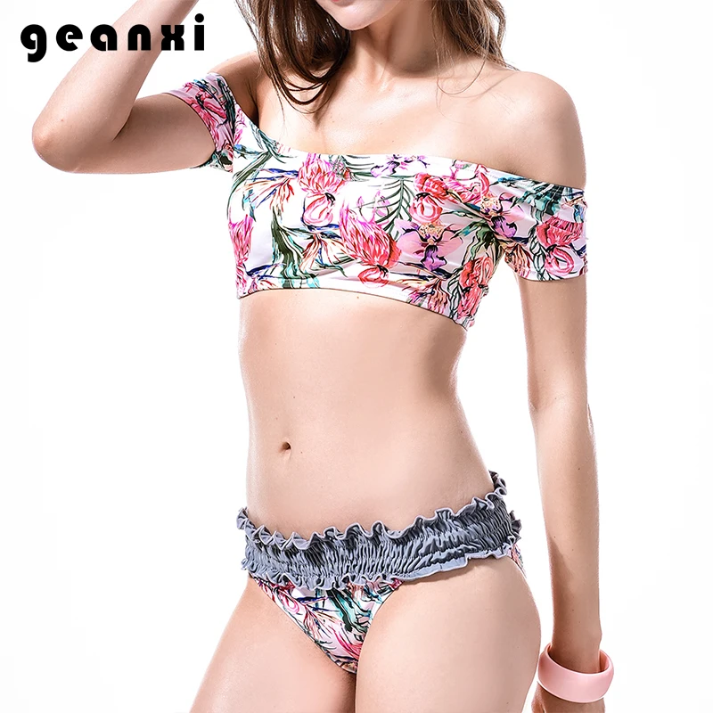 

Off Shoulder Bikini Set 2018 New Push Floral Print Swimwear Women Lace Ruffle Swimsuit Sexy Hipster Halter Bandage Bathing Suit