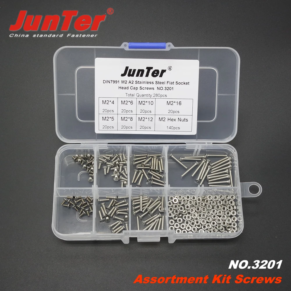 

280pcs M2 (2mm) A2 Stainless Steel DIN7991 Flat Socket Head Cap Screws With Hex Nuts Assortment Kit NO.3201