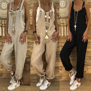 

Women Casual Loose Cotton Linen Pants Jumpsuit Strap Harem Trousers Overalls Black Khaki Black