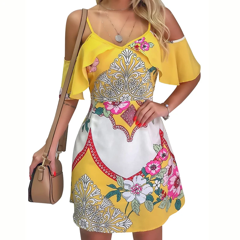 

Sexy Beach Women Vacation Mini Dress Off Shoulder Ruffle V-Neck Boho Printed Party Dress 2019 Floral Short Sleeve Sundress GV254