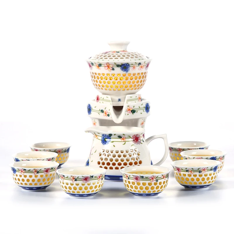 Exquisite Peony Automatic Tea Set Blue and White Ceramic Porcelain