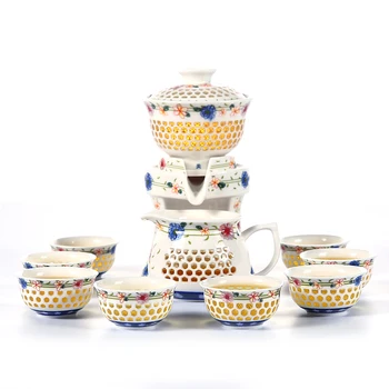 

Exquisite Peony Automatic Tea Set Blue and White Ceramic Porcelain Hollow Honeycomb Kung Fu Teapot Teacup Gaiwan Tea Sets Suit