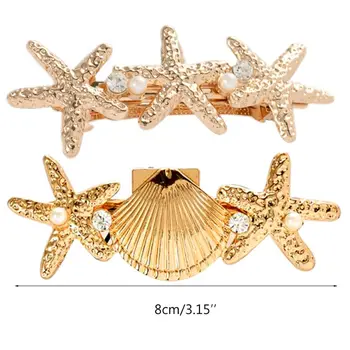 Günstig Ozean Stil Metallic Gold Seestern Muschel Französisch Haar Clips Imitation Perle Perlen Frauen Pferdeschwanz Clamp Frühling Snap Barrettes