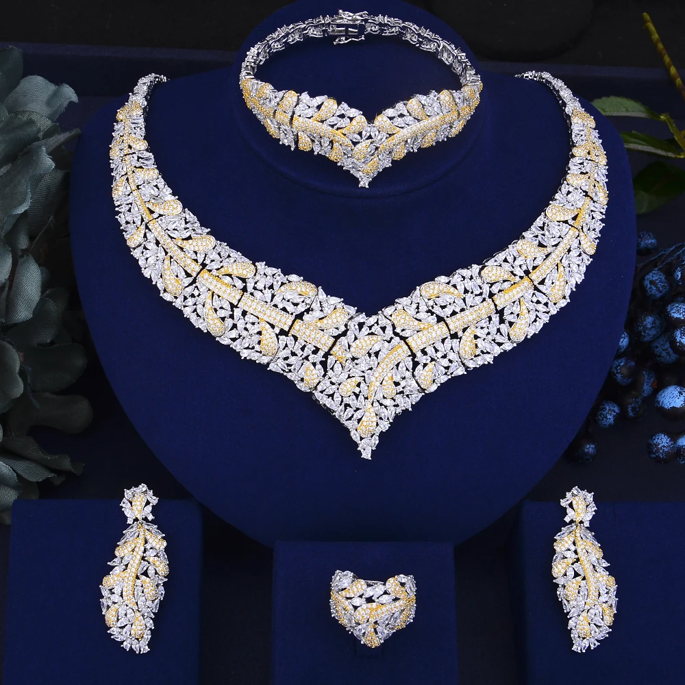 

Famous Brand Bridal Women Wedding Jewelry Sets Sweet Cute Romantic Necklace Earrings Bracelet Ring Jewelry Sets Cubic Zirconia