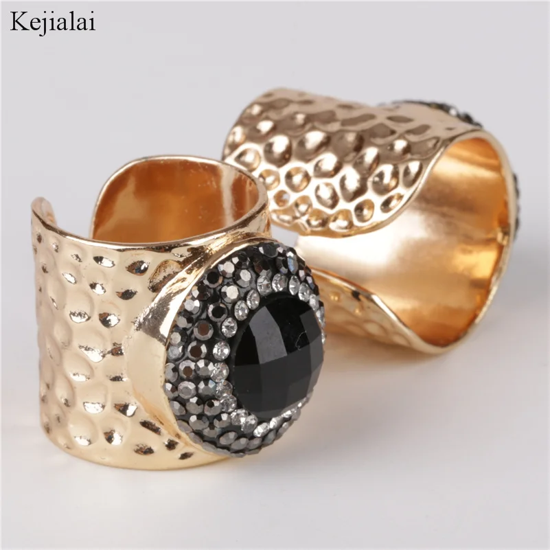 

cutted black obsidian onyx stone bead charm wrap adjustable resizable wide gold open hammered ring cuff for woman man