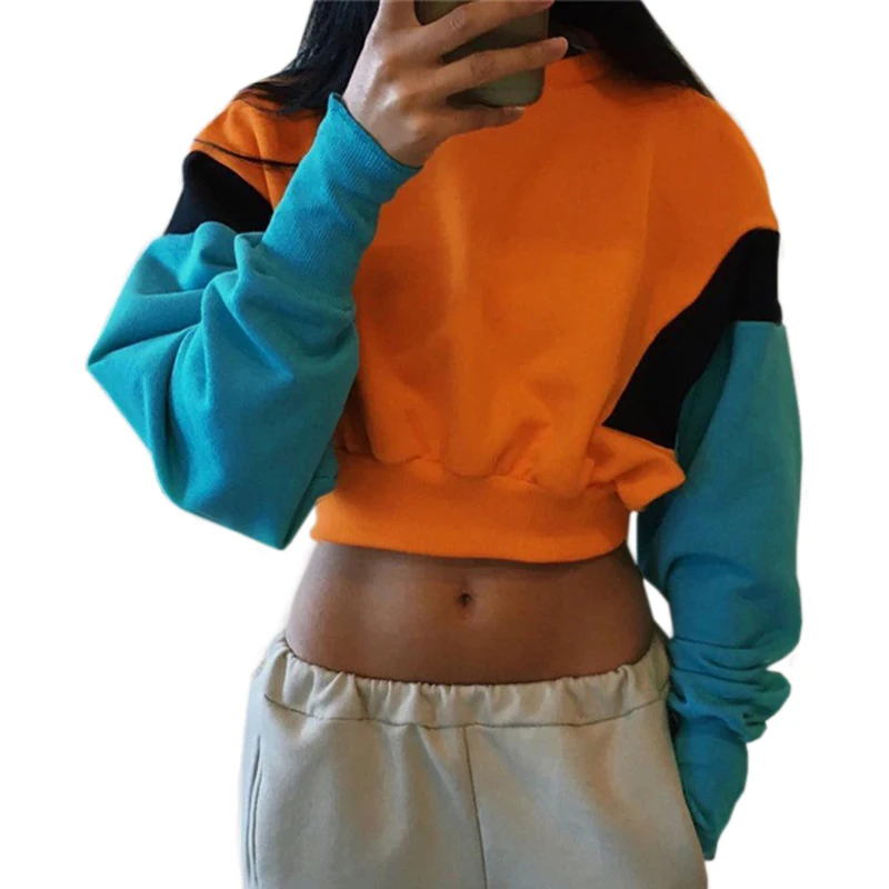 

Hip Hop Style 2019 Women Hoodies Long Sleeve Loose Crop Top Sweatshirt Casual Patchwork Color Round Neck Elastic Waist Pullovers