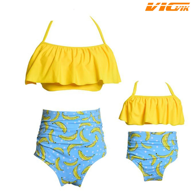

2pcs/Sets Family Matching Outfits Bikini Swim Mom & Daughter Swimwear Solid Banana Print High Waist Swimsuit Mommy & Me Clothes