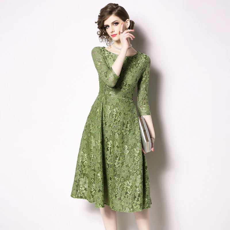 H Han queen/весенне-летнее кружевное платье в европейском стиле; женские винтажные жаккардовые платья трапециевидной формы с вырезом на талии в стиле ретро; свободные платья - Цвет: Green