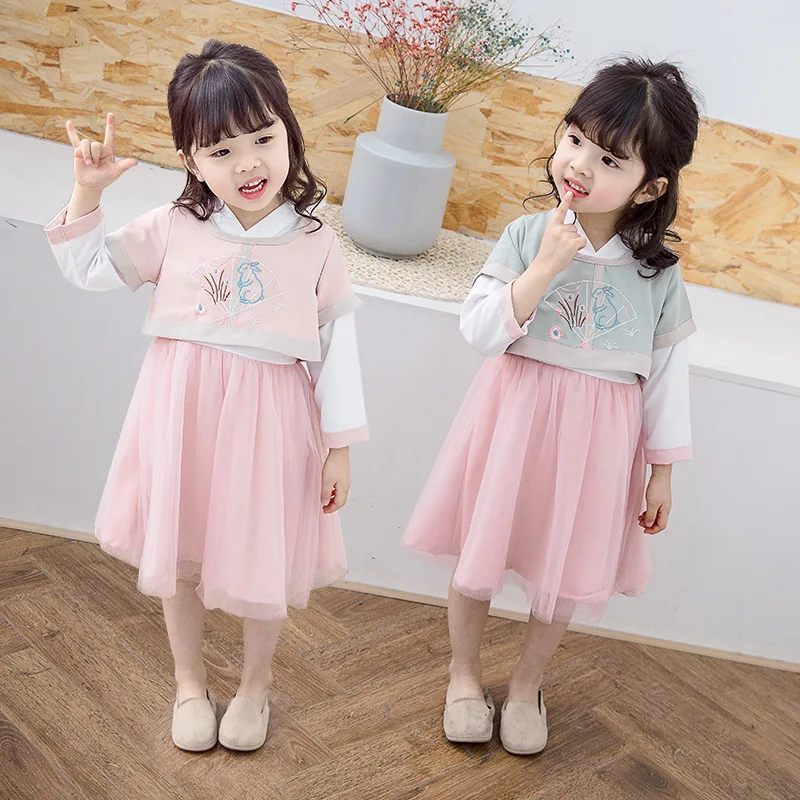 

Children's Spring and Autumn Han Suit 2019 Spring New Girl 'Dress + vest Two-piece Suit Chinese Style