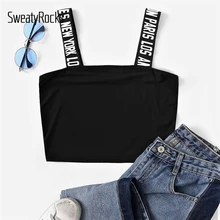 SweatyRocks надпись ремень деталь уличная одежда кроп-топ летние черные сексуальные Cami Топы летние женские модные тонкие Базовые Майки