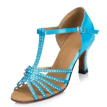 Сатиновые женские туфли для бальных танцев, латинских танцев, стразы, сандалии для сальсы, высокий каблук 7,5 см, Женская Современная танцевальная обувь для танго 1868