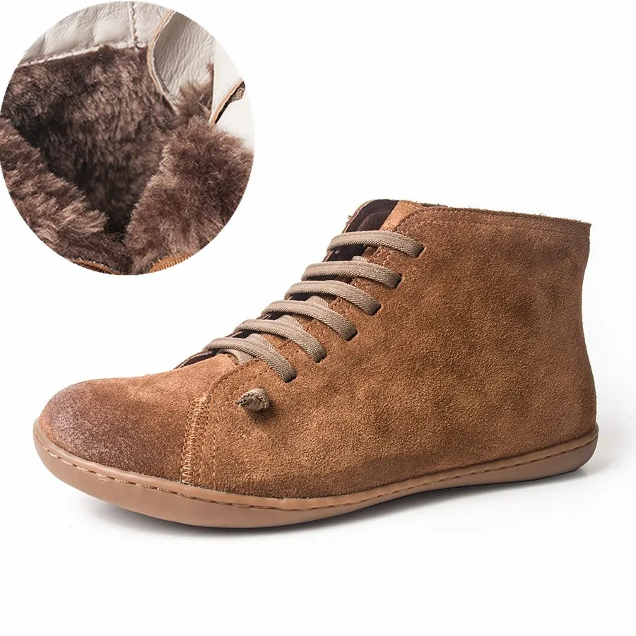 Мужские зимние ботинки из натуральной коровьей замши; повседневные ботильоны; удобные качественные мягкие туфли ручной работы на плоской подошве; цвет черный, коричневый; с мехом - Цвет: Dark brown suede fur