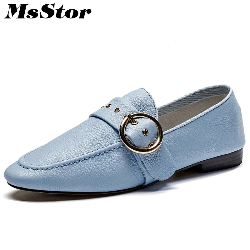 

MSSTOR Women Flats Genuine Leather Casual Shoes Solid Round Toe 2019 Spring/Autumn Women's shoes Metal Buckle Women Flat Shoes