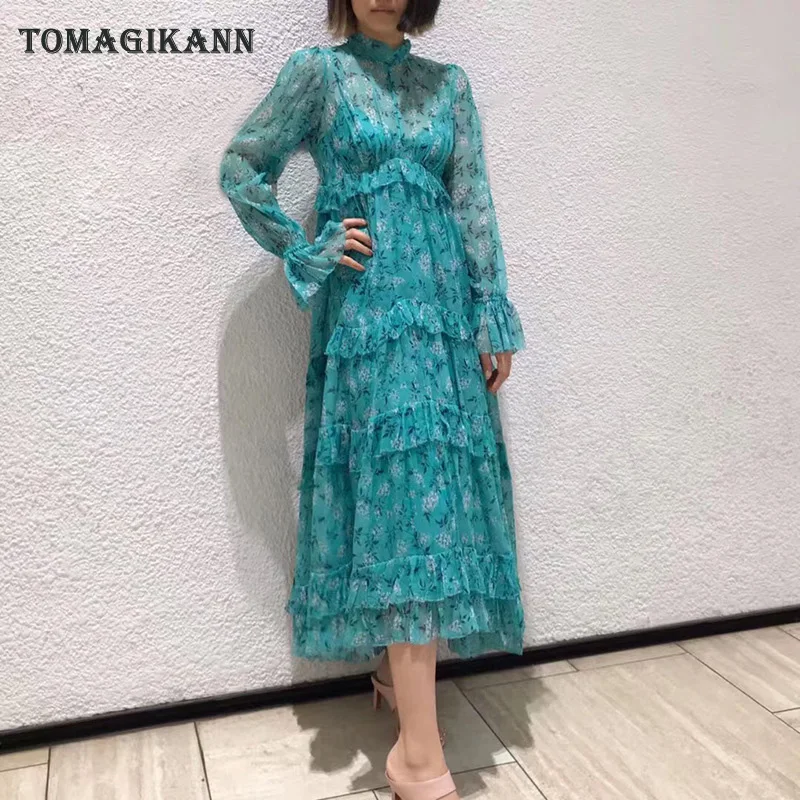 

Floral Print Ruffles Chiffon Long Dress 2019 Summer Elegant Blue Stand Collar Long Sleeve Dresses Vacation Beach Dress Vestidos
