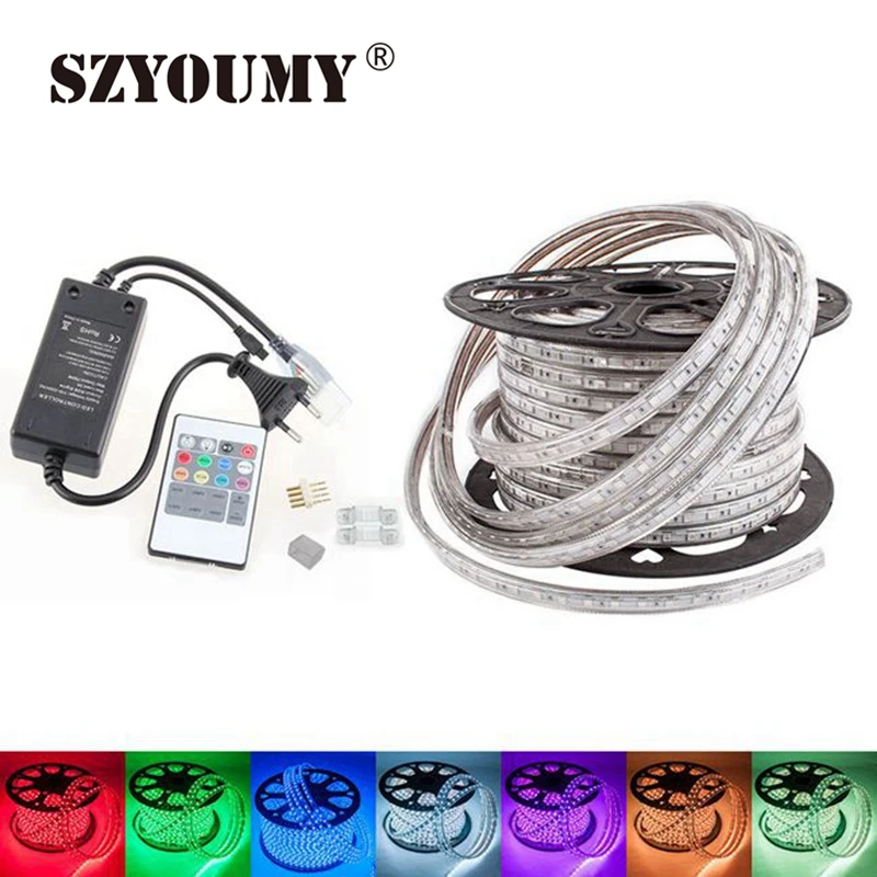cheap SZYOUMY 50M(Meter) Waterproof 220V 230V 240V 5050 Led Strip Light Ribbon 60led m RGB Light With 20 Keys RGB Controller +Plug