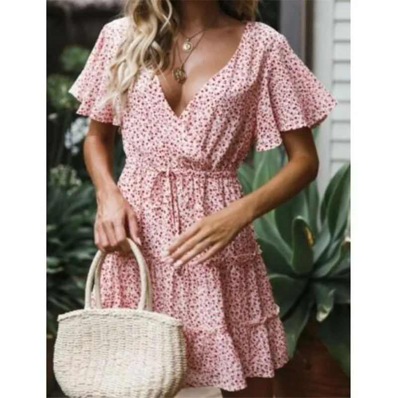 

Women's Bohemian Floral Mini Dress Chiffon V-neck Ruffles Short Sleeves Sundress Ladies' New Sexy Summer Short Vestido Hot Sale