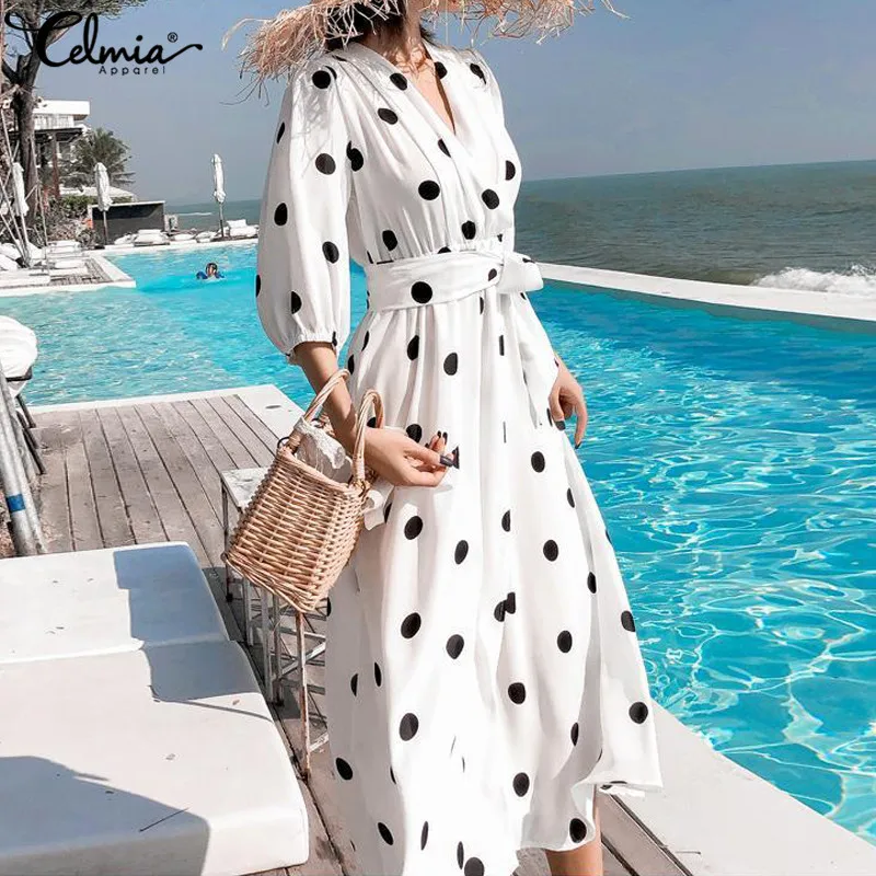 

Oversized Women Sexy V-Neck Polka Dot Print Beach Dress Celmia 2019 Summer Bohemian Lantern Sleeve Belt Maxi Dress Robe Vestidos