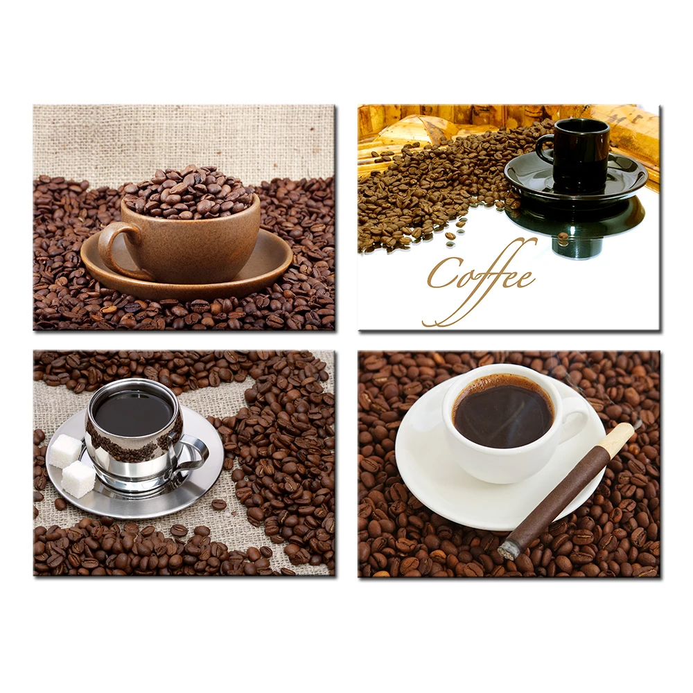4 Panels Wall Decor Canvas Art Theme Coffee And Coffee Bean HD Pictures
