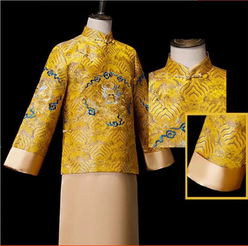 Азиатская фотостудия Свадебная тематическая одежда Xiuhe мужское китайское одеяние желтый дракон вышитая одежда Китайский Жених древняя одежда