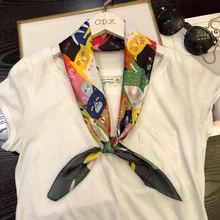 Новинка, корейские квадратные шелковые шарфы для женщин, с рисунком кошки, для девушек, модные платки, косынка, элегантные шарфы для женщин, шали