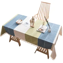 Colorful Plaid Decorative Linen Tablecloth With Tassel Waterproof Oilproof Rectangular Wedding Dining Table Cover Table Cloth colorful balloons print waterproof table cloth