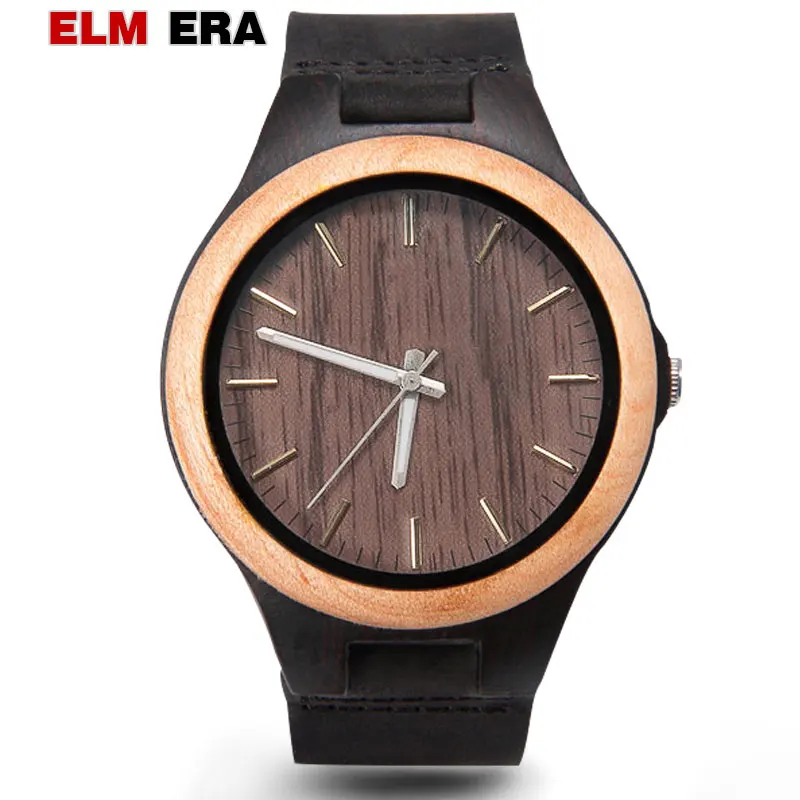 

ELMERA mens watch wood clocks natural maple wristwatch relogio masculino wood with Quartz Movement Genuine Leather Strap