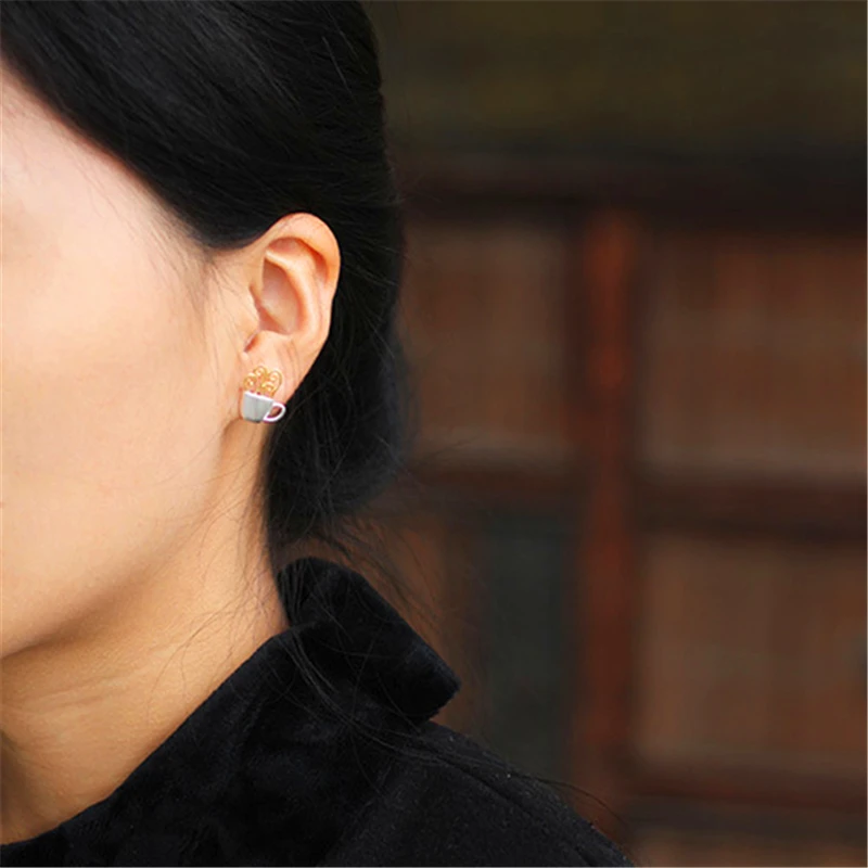 Goedkoop Lotus Plezier Echte 925 Sterling Zilveren Oorbellen Originele Handgemaakte Fijne Sieraden Hot Koffiekopje Mode Stud Oorbellen voor Vrouwen Gift