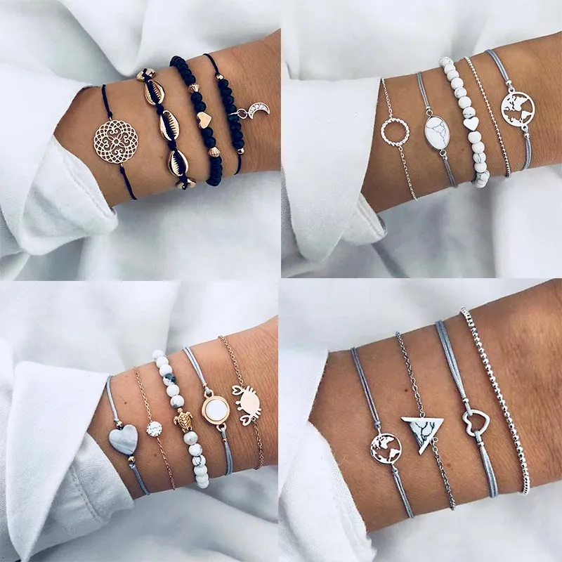 

Fashion 4-5Pcs/set Bohemian Moon Map Multilayer Adjustable Women Bracelet Set Jewelry Multiple Styles