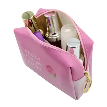 

PU Leather Cosmetic Bag Zipper Travel Toiletry Make Up Small Storage Wash Bag Women Strawberry Pattern Cute Travel Makeup Bags