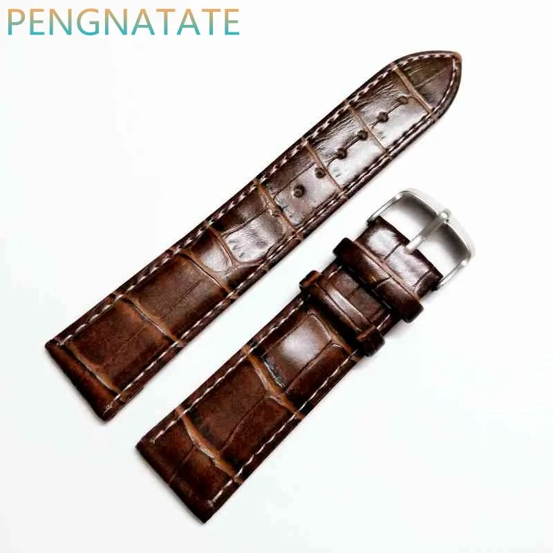 

22mm Brown Genuine Leather Strap Polished Stainless Steel Clasp Buckle Watch waterproof Needle buckle Band PENGNATATE