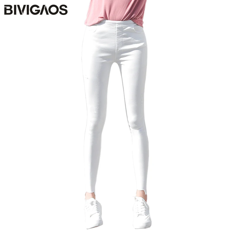 

BIVIGAOS Spring Summer Thin Woven Pencil Pants Elastic Waist Irregular Foot Mouth Legging Pants Slim Skinny Ripped Hole Leggings