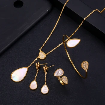 

Accking Luxury water drop Women Nigerian Wedding Bride Cubic Zirconia Necklace earring bangle ring set 4PCS Jewelry Set party