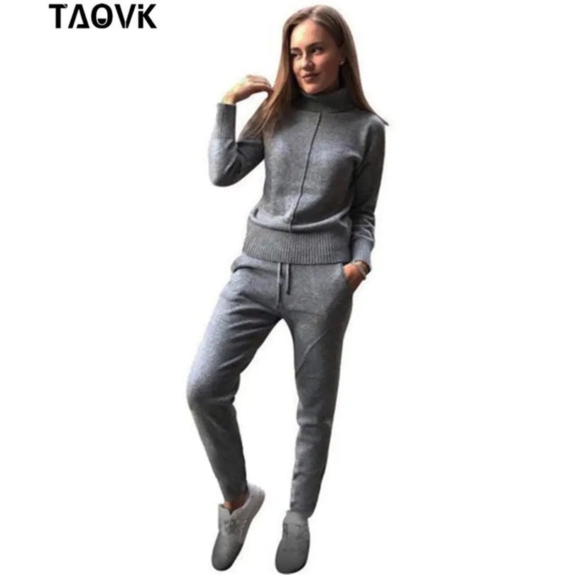Acheter TAOVK d hiver De Laine et Cachemire Tricoté chaud Costume Col haut Chandail + Vison Cachemire Pantalon lâche style deux pièce mis en tricot